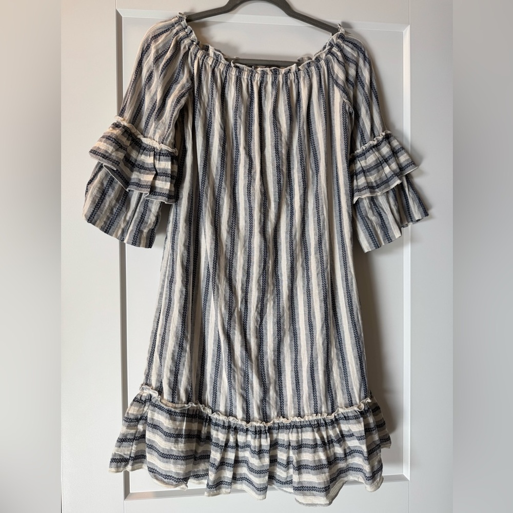 Luxology Striped Off The Shoulder Mini Dress Blue White Coastal Beachy